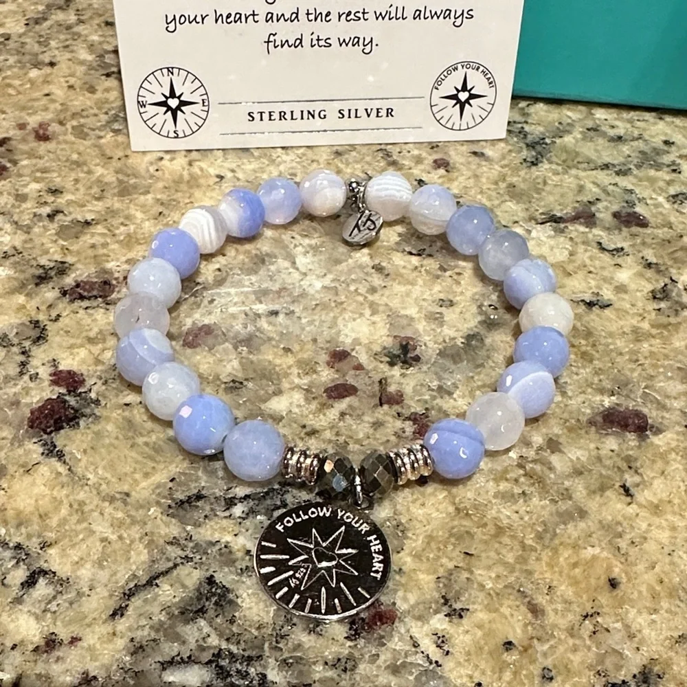 T. Jazelle Sky Blue Agate Bracelet Set - 6mm and 8mm Bracelet with Charm